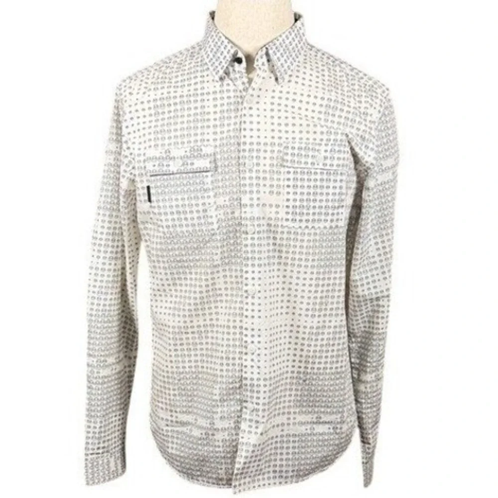 Marc Ecko Shirt Mens Medium Cut & Sew White Graphic Face Button Down Long Sleeve